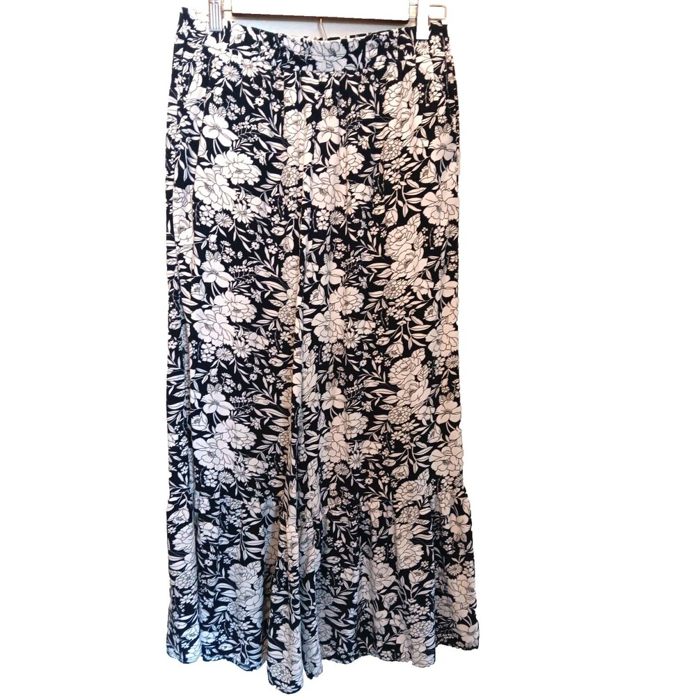 Papillon Navy White Floral Wide Leg Palazzo Pants Pull On Boho Size M